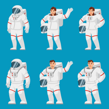 Set of astronauts in different poses. Male and female persons in cartoon style.のイラスト素材