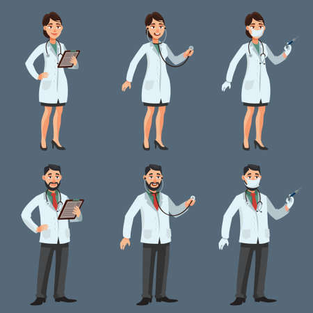 Male and female doctors in different poses. Man and woman in cartoon style.のイラスト素材