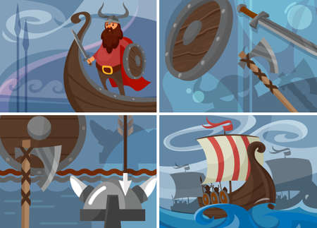 Collection of viking banners. Scandinavian placard designs in cartoon style.のイラスト素材