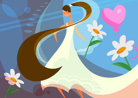 Wedding banner with bride holding flower. Postcard design in cartoon style.のイラスト素材