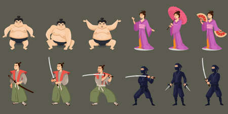 Characters of japanese culture. Different persons in cartoon style.のイラスト素材