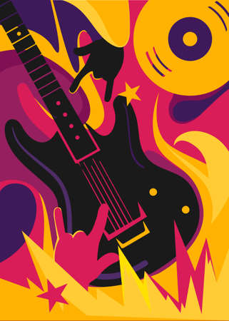 Rock music poster with electric guitar. Placard design in flat style.のイラスト素材