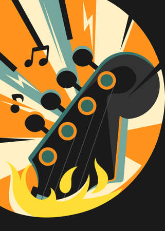 Rock music poster with guitar on fire. Placard design in flat style.のイラスト素材