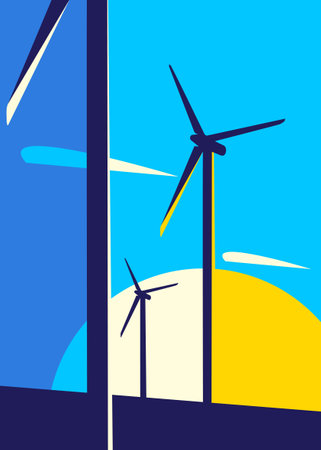Poster with wind power stations. Placard design in abstract style.のイラスト素材