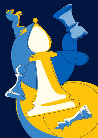 Poster with different chess pieces. Placard design in doodle style.のイラスト素材