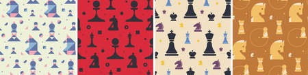 Set of chess seamless patterns. Textures with different elements in flat style.のイラスト素材
