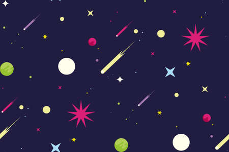 Seamless pattern with stars and comets. Texture with space objects in flat style.のイラスト素材