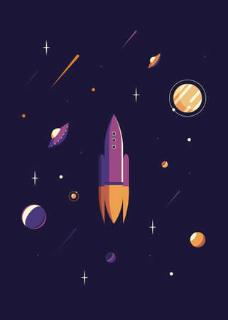 Space poster with rocket and flying saucer. Placard design in flat style.のイラスト素材