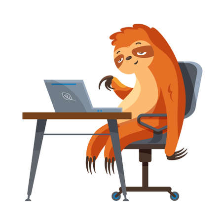 Lazy animal is programming on laptop. Sloth in cartoon style.のイラスト素材
