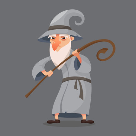 Wizard holding staff. Old magic character in cartoon style.のイラスト素材