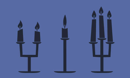 Set of candelabras with candles. Halloween design elements in black flat style.のイラスト素材