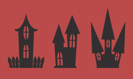 Set of witch huts. Scary buildings in black flat style.のイラスト素材