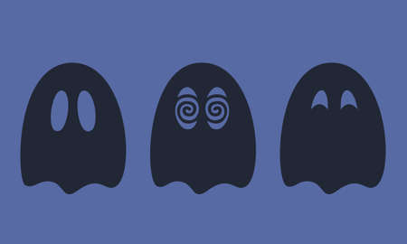 Cute ghost with different emotions. Halloween character in black flat style.