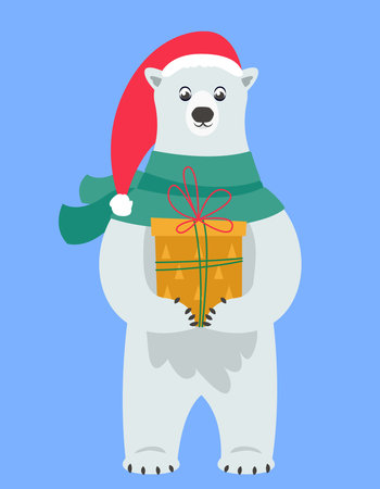 Polar bear holding gift. Christmas character in cartoon style.のイラスト素材