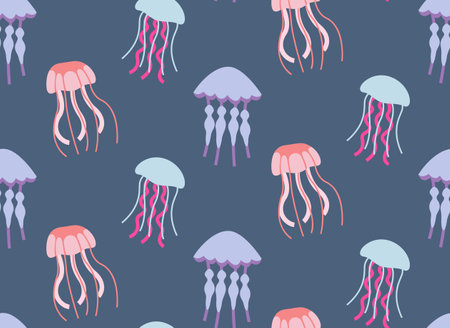 Seamless patterns with different jellyfish. Beautiful underwater world texture in flat style.