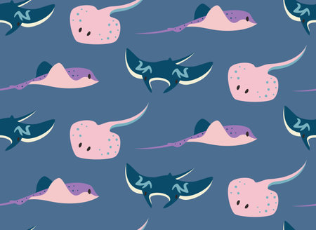 Seamless patterns with stingray fish. Beautiful underwater world texture in flat style.のイラスト素材
