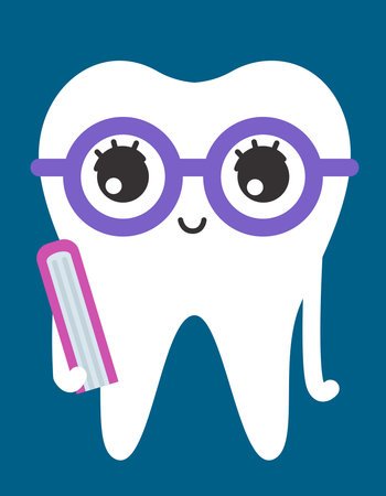 Tooth in glasses holding book. Cute character in flat style.のイラスト素材
