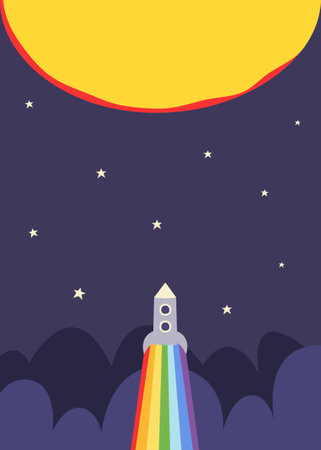 rocket flying to the sun. Space poster in minimalist cartoon style.のイラスト素材