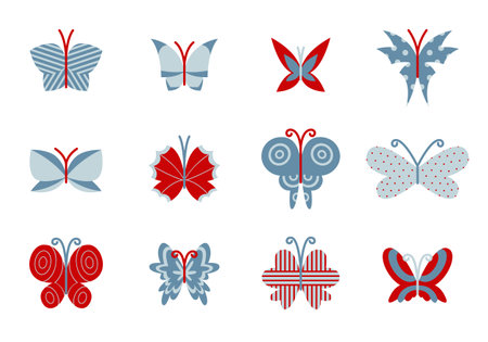 Set of abstract butterflies. Beautiful insects in flat style.のイラスト素材