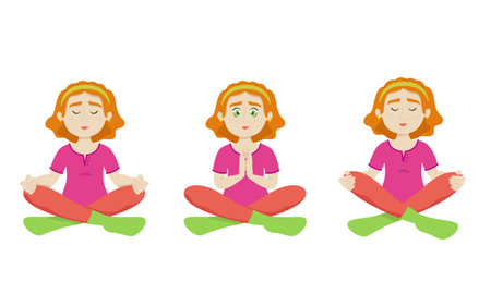 Woman doing yoga in different positions. Female character in cartoon style.のイラスト素材