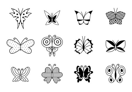 Set of monochrome butterflies. Beautiful insects in outline style.のイラスト素材