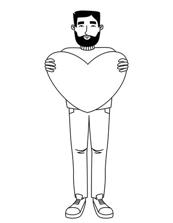 Man holding big heart. Male character in outline style.のイラスト素材
