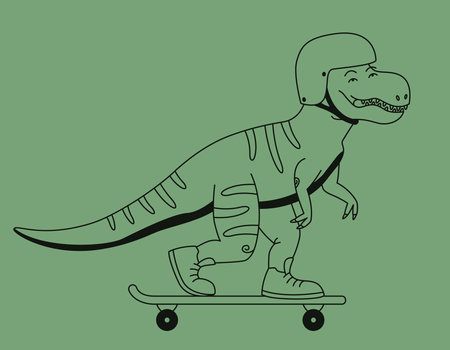 Tyrannosaurus rides a skateboard. Funny predator in outline style.のイラスト素材