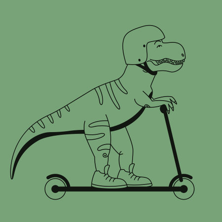 Tyrannosaurus rides scooter. Funny predator in outline style.のイラスト素材