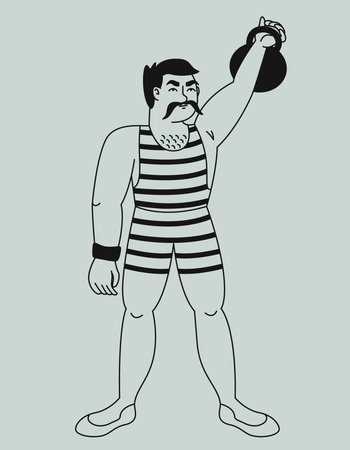 Circus strongman lifts kettlebell. Character in outline style.のイラスト素材