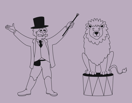 Trainer with lion. Circus character in outline style.のイラスト素材