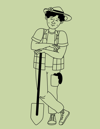 Man stands with shovel. Male person in outline style.のイラスト素材