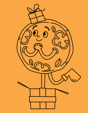 Pizza with gift boxes. Christmas character in doodle style.のイラスト素材