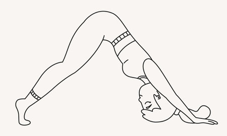 Woman doing downward dog pose. Female person in outline style.のイラスト素材
