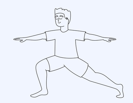 Man doing warrior II pose. Male person in outline style.のイラスト素材