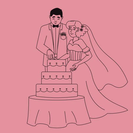 Bride and groom cut cake. Wedding illustration in outline style.のイラスト素材