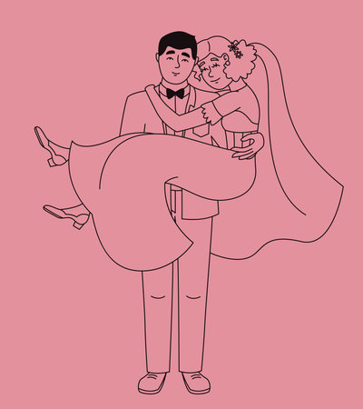 Groom holding bride in his arms. Wedding illustration in outline style.のイラスト素材