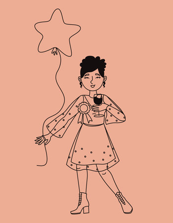 Woman with glass of wine and balloon. Female character in outline style.のイラスト素材