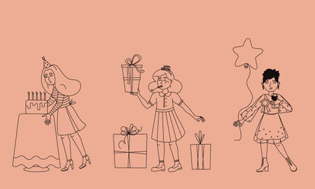 Set of women with different birthday items. Female characters in outline style.のイラスト素材