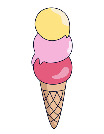 Three balls ice cream cone. Sweets in outline cartoon style.のイラスト素材
