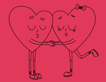 Two hearts kissing. Cute characters in doodle style.のイラスト素材