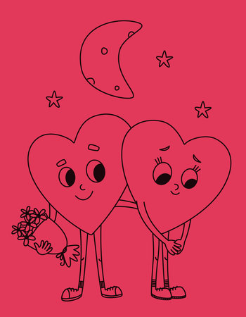 Two hearts on date. Cute characters in doodle style.のイラスト素材