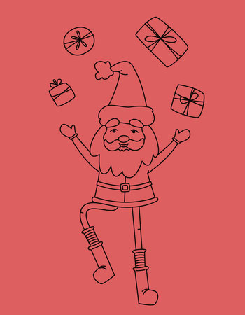 Cute Santa Claus juggles gifts. Christmas character in outline style.のイラスト素材