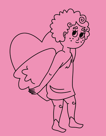 Cupid hiding heart behind his back. Cute character in outline style.のイラスト素材