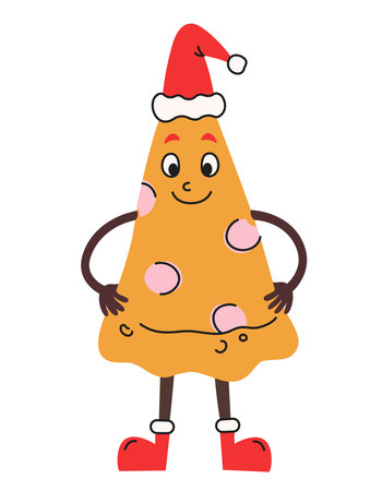 Pizza with Santa hat. Holiday character in doodle style.のイラスト素材