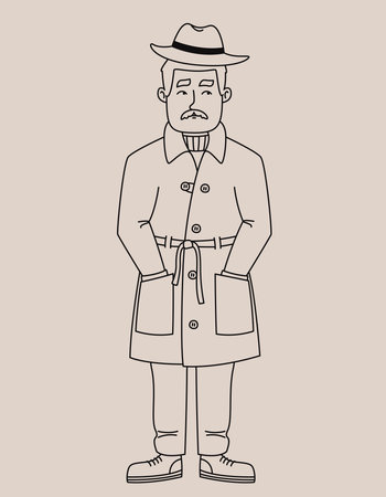 Detective with hands in his pockets. Male character in outline style.のイラスト素材