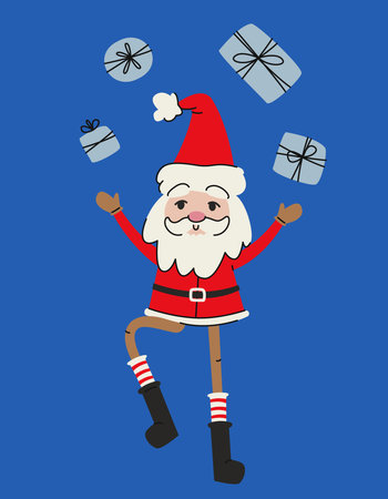 Cute Santa Claus juggles gifts. Christmas character in doodle style.のイラスト素材