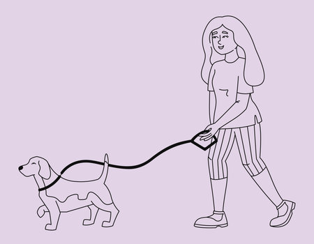 Woman walks her dog. Female person in outline style.のイラスト素材