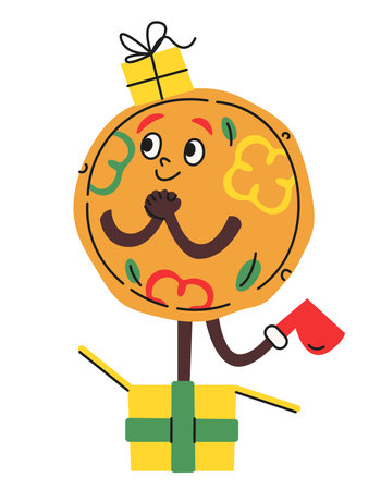 Pizza with gift boxes. Christmas character in cartoon style.のイラスト素材