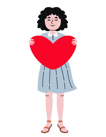 Woman holding big heart. Female character in doodle style.のイラスト素材
