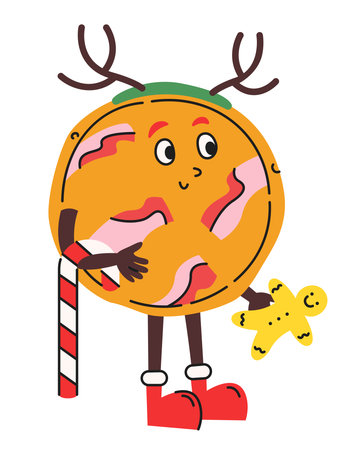 Pizza with Christmas sweets. Cute character in cartoon style.のイラスト素材